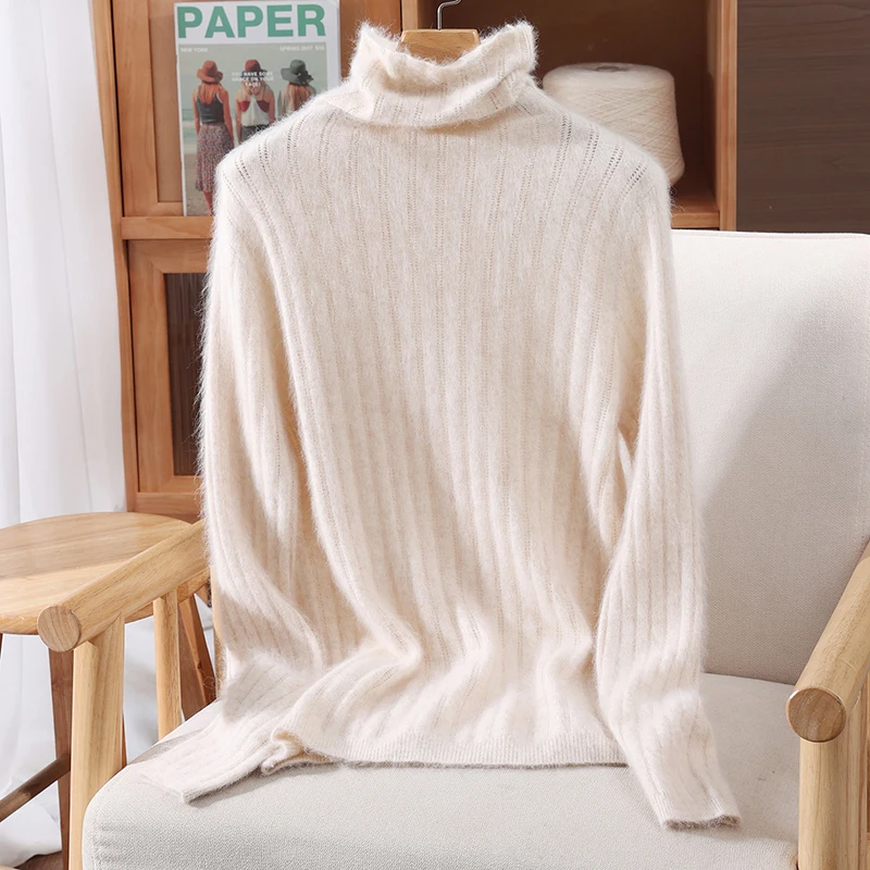 Women's 100%Mink Cashmere Turtleneck Pullover Sweater Vertical Openwork Rib Knit Supple Smooth Quiet Luxury Long Sleeve Knit Top