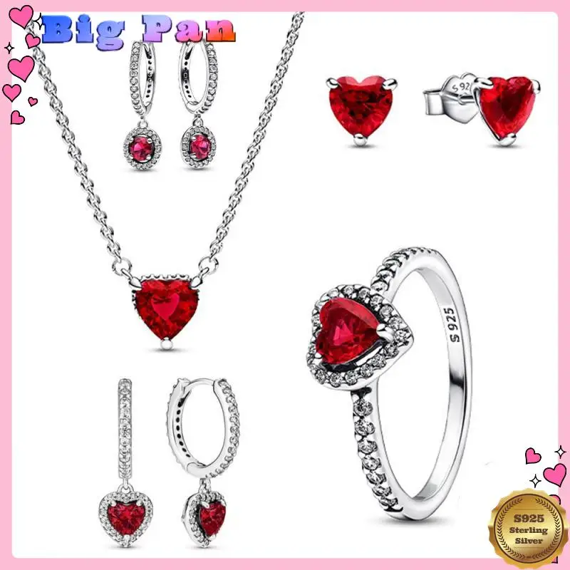 

New S925 Sterling Silver Sparkling Heart Halo Pendant Collier Necklace Red Heart Ring Round Hoop Earrings Women Jewelry Set Gift