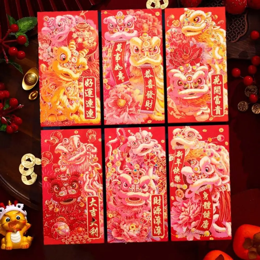 6pcs Creative Hot Stamping Chinese New Year Red Envelope Mixed Pattern Rectangular Lucky Money Bag Solid Thickened HongBao Kids