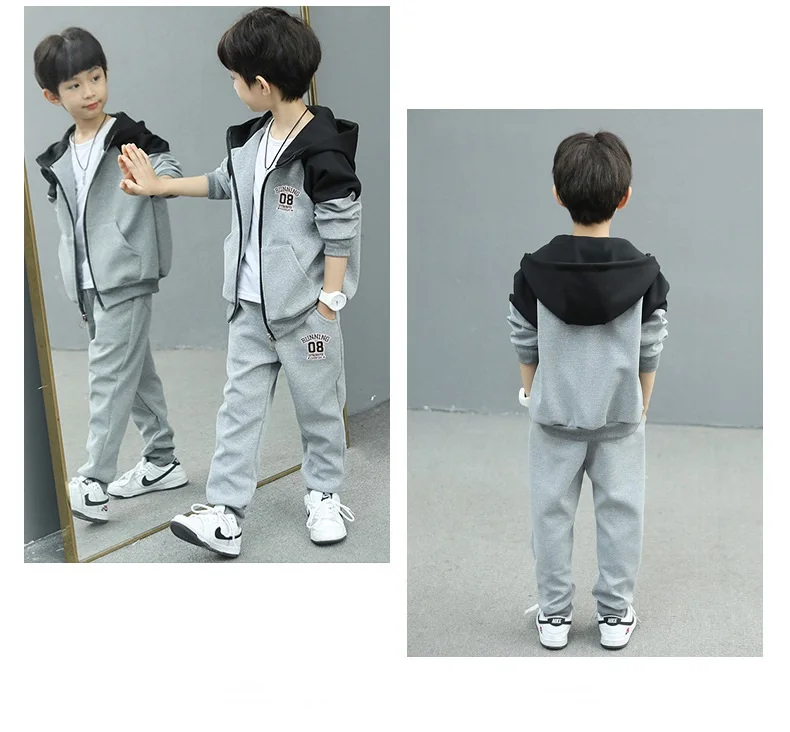 Contrast Kids Jogger Set Baby Boys Workout Fleece Hoodie+Elastic Sweatpant Sets Full Zip Hooded Child Tracksuit for 4-14 Years