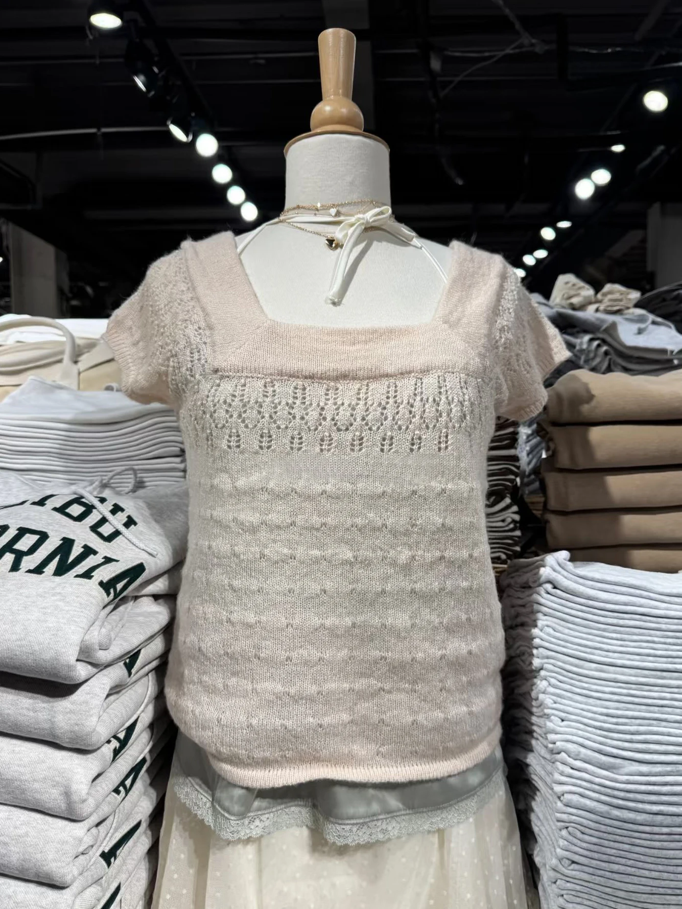 Hollow Out Knitted Short T-shirts Woman Summer Square Neck Short Sleeve Thin Tee Shirts Sweet Preppy Style Transparent Crop Top