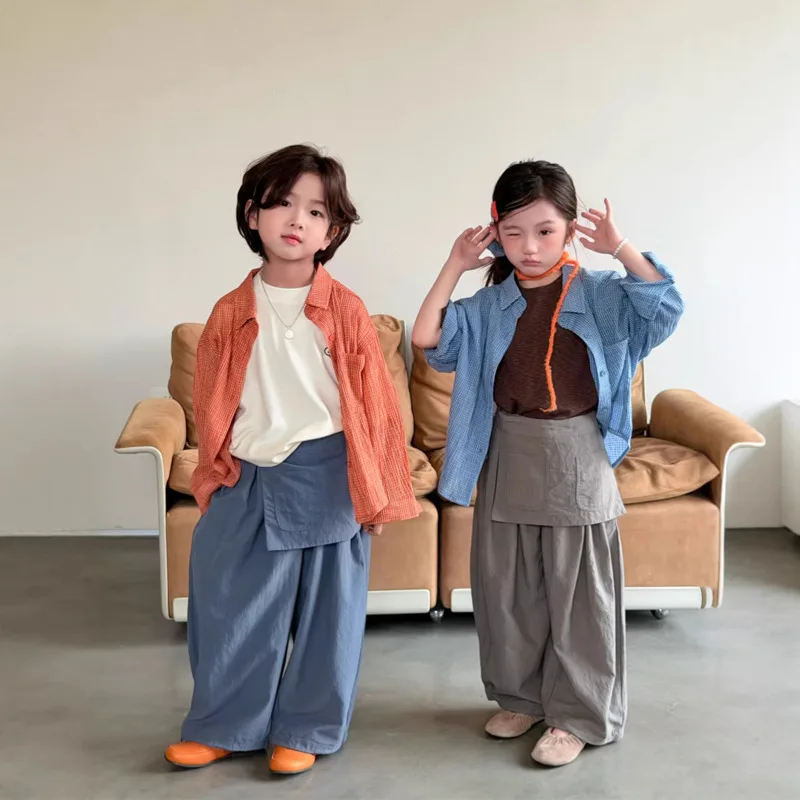 

26 Spring Summer Cotton Boy Girl Shirt Children Turn-down Collar Fine Plaid Top Casual Lazy Style 3-13 Years Outfit Over Size