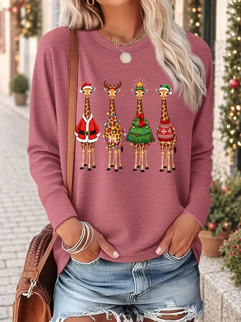 Women Long Sleeve T-shirts Cute Christmas Giraffe Print Round Neck Casual Holiday Tops Funny Women's Clothes