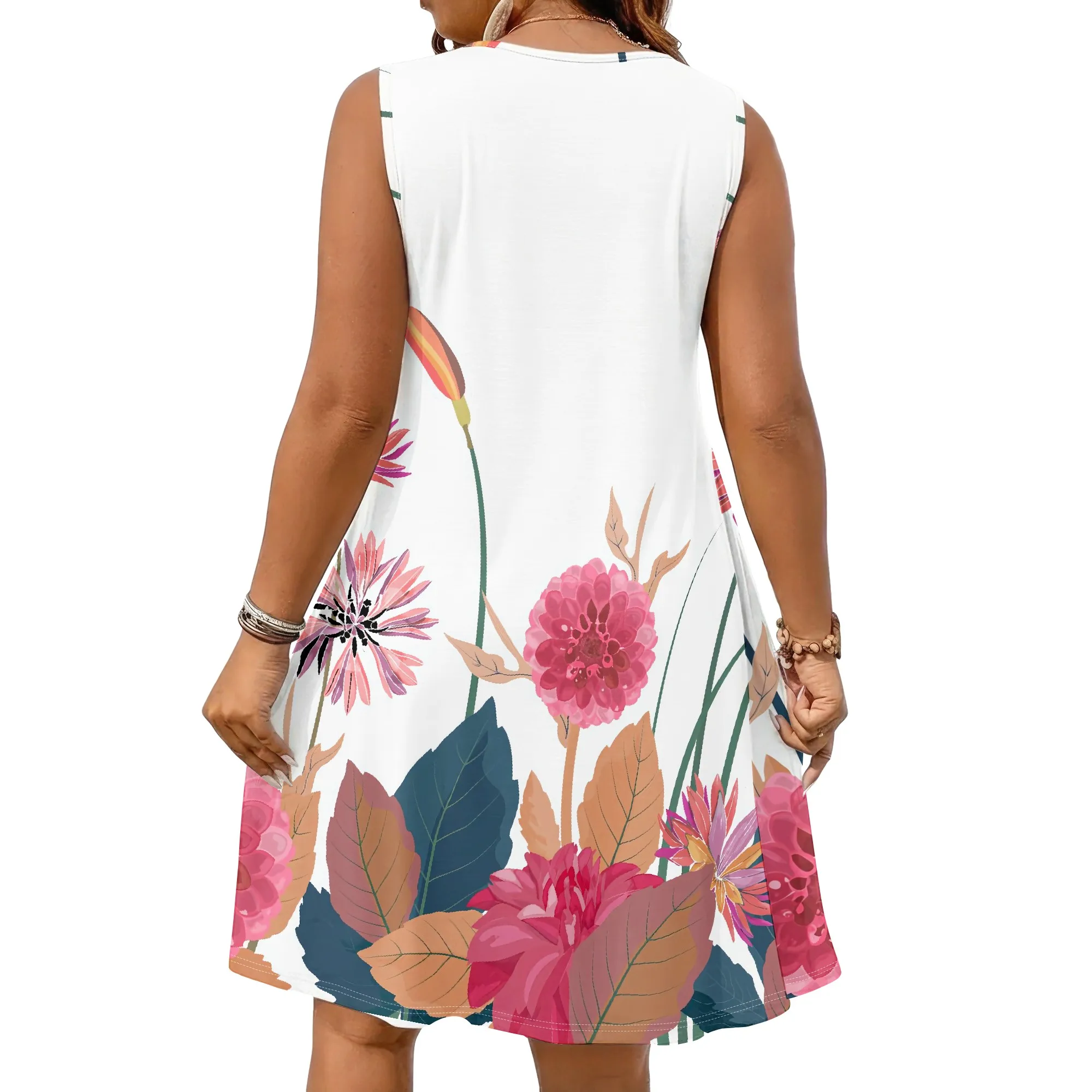 Blumenkleid mit V-Ausschnitt, Ärmellos, Rosa Blumendruck, Sommer-Shift-Kleid, Lässige Strand- und Urlaubskleidung für Damen, XL-5XL – Detail 2