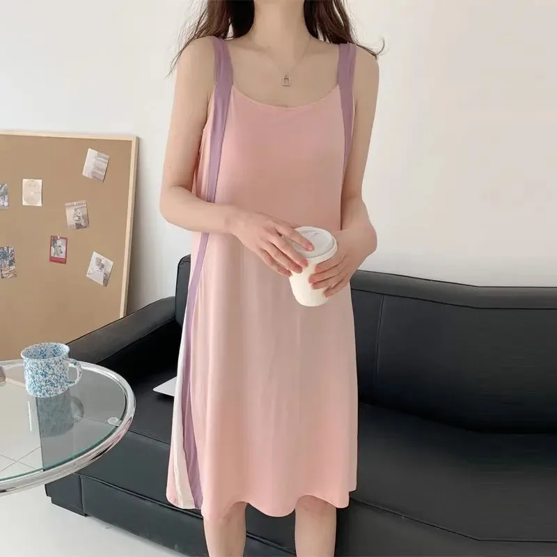 Women's Colorblock Ice Silk Slip Dress Plus Size Sleeveless Loose Homewear Nightgown