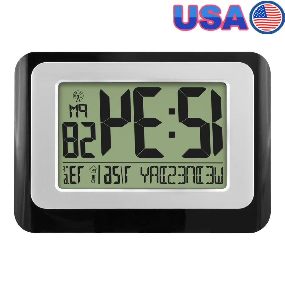 

Atomic Digital Desk Clock Calendar Alarm Temperature Wireless Snooze Function WWVB Time Zones Battery Operated Large Display