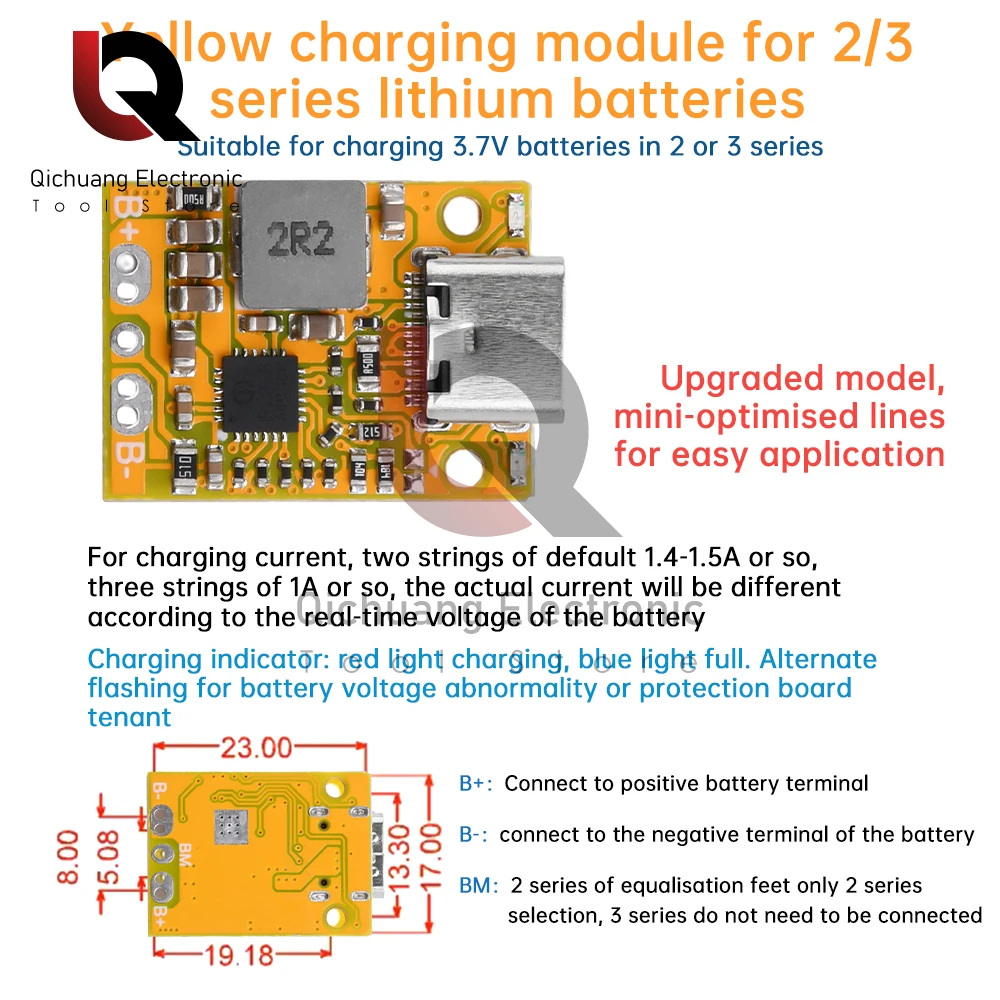 Mini Batterie au Lithium BMS 2/3S, Charge Rapide QC avec Indicateur LED, avec Wild de Type-C