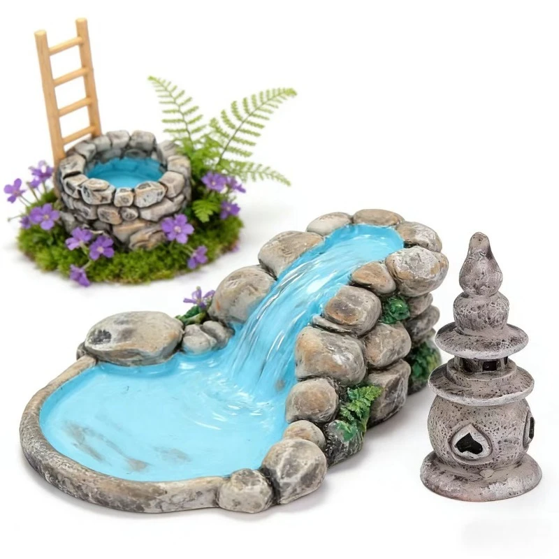 3pcs New Mini Water Well Bridge Figurines Miniature Craft Fairy Garden Gnome Moss Terrarium Gift DIY Ornament Garden Decoration