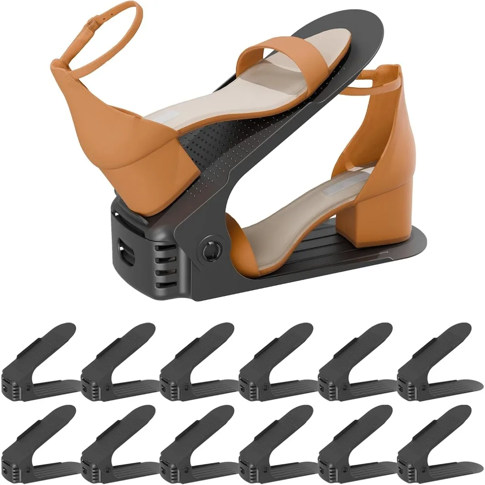 

Shoe Slots Organizer, 12PCS Adjustable Double Layer Stack Shoe Rack, 50% Space-Saving Storage Rack Holder, Black