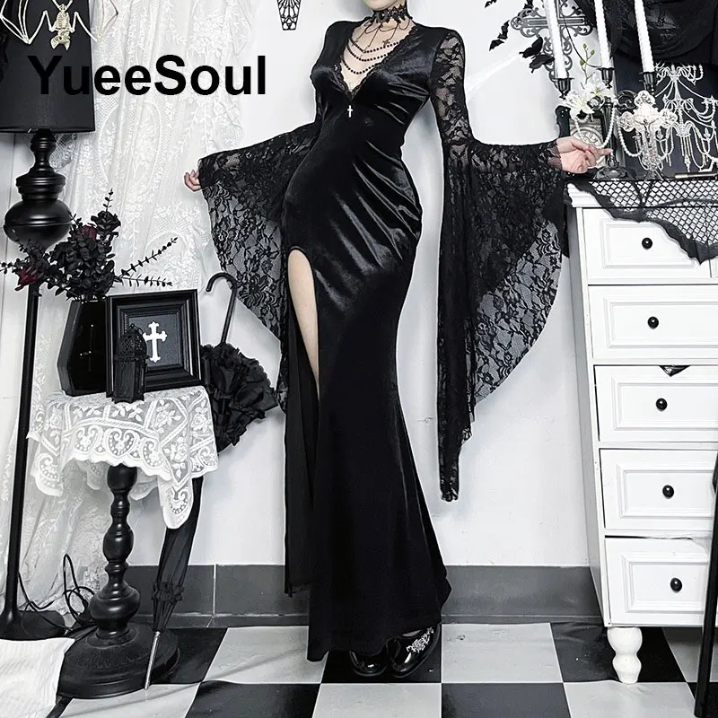 Halloween Gothic Women Dress Long Sleeve High Waist Dresses 2026 New Goth  Aesthetic 90s Egirl Sexy Slim Party Club Dress