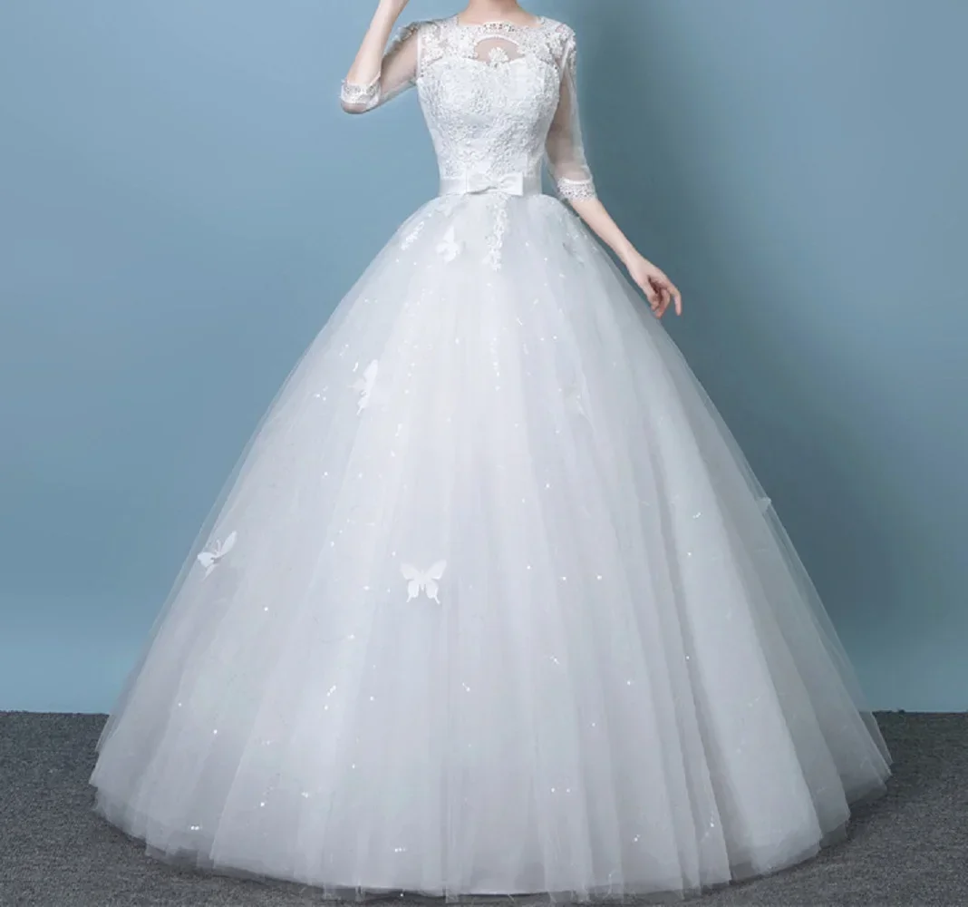 Half Sleeve Vintage Wedding Dresses O Neck Appliques Court Train A Line Princess Floor-length Plus size Bride Ball Gown