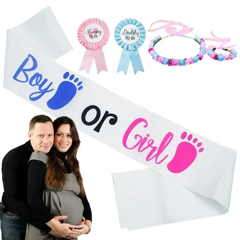 

Gender Reveal Sash 5pcs Boy Or Girl Sash Kit Pink Blue Mom To Be Sash Dad To Be Pins Flower Headband Wristband For Baby Shower