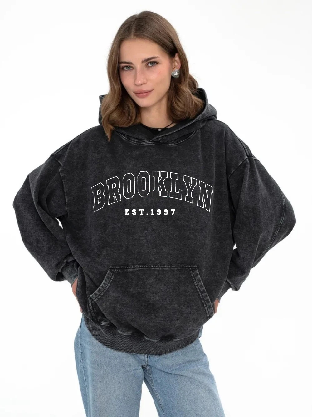 

Cotton Women Acid Wash Hoodies Brooklyn Est.1997 Letter Printing Streetwear Oversize Pocket Warm Pullovers Autumn Female Clothes