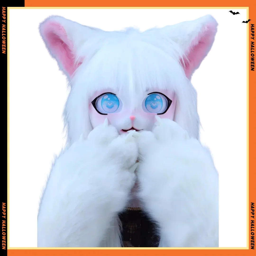 Disfraz de Cosplay peludo con auriculares, Base de cabeza de pata, Kigurumi Kig, Animal, gato, conejo, muñeca, máscara de bestia