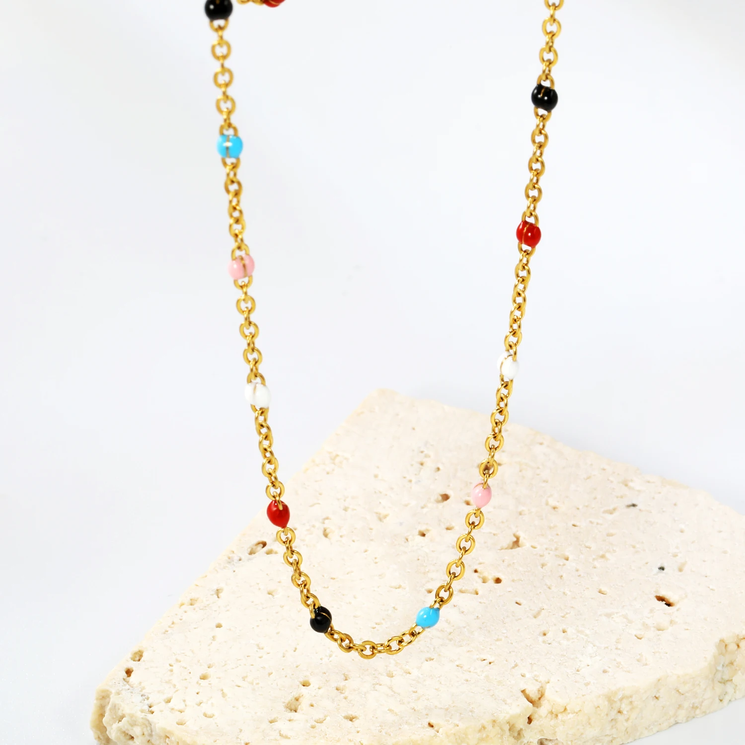LUXUKISSKIDS Sweet Multicolor Drip-Oil Beads Necklace Women\'s Bohemia Stylish Clavicle Choker Simple Chain Collier Steel Jewelry