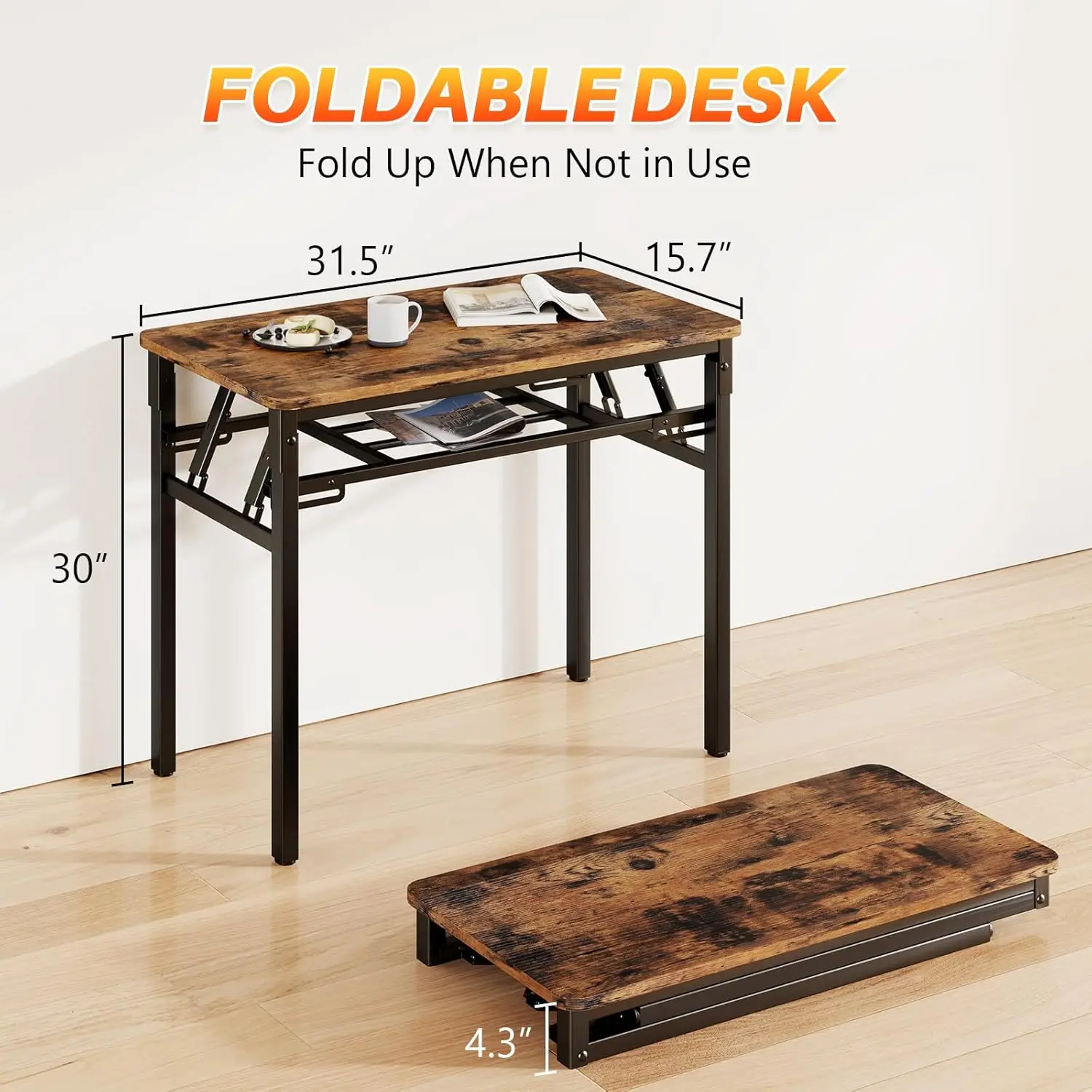 Compact Foldable Computer Desk with Storage Shelf - Small Space Study Table for Writing and Typing