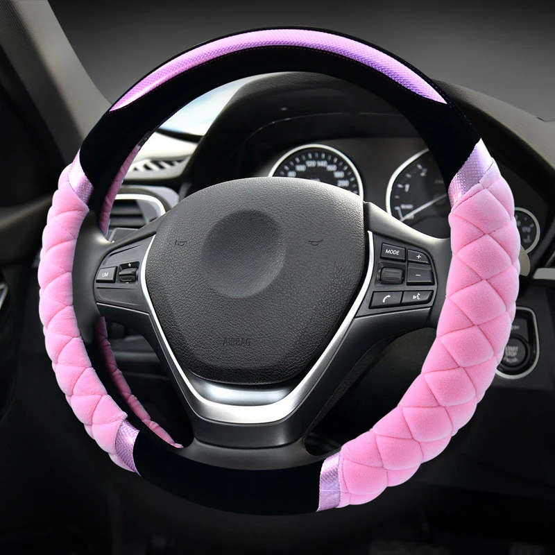 

Car steering wheel cover for women and men general winter warm short plush non-slip absorbent handle pink