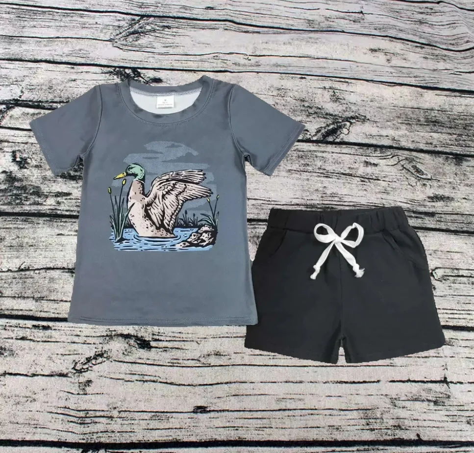 Wholesale Baby Boy Summer Sets Children Short Sleeves Ducks Tee T-shirts Toddler Infant Pocket Cotton Black Shorts Kids Outfit
