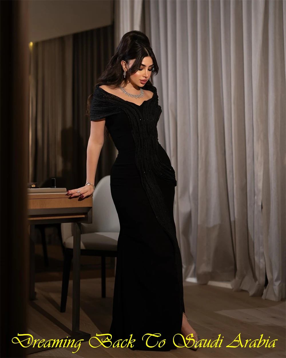 Customized Classic Black Jersey Evening Dress Classic V-Neck Off the Shoulder Party Dress Soft Mermaid Sweep Train Prom Dresses