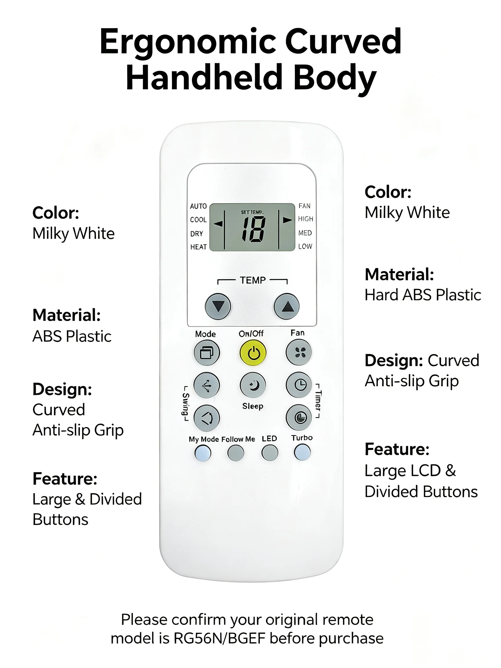 FAZV RG56N/BGEF AC Remote for Midea Carrier Mirage RG56N1/BGEF RG56M/BGEF RG56K/BGEF