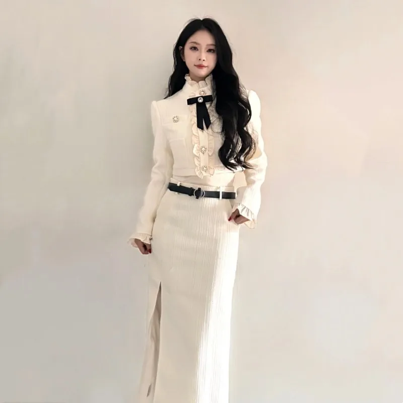 Korean Fashion Elegant Two-piece Skirt Set Women Crop Jacket Coat Bodycon High Waist Midi Skirt Autumn Winter New Luxury Outfits