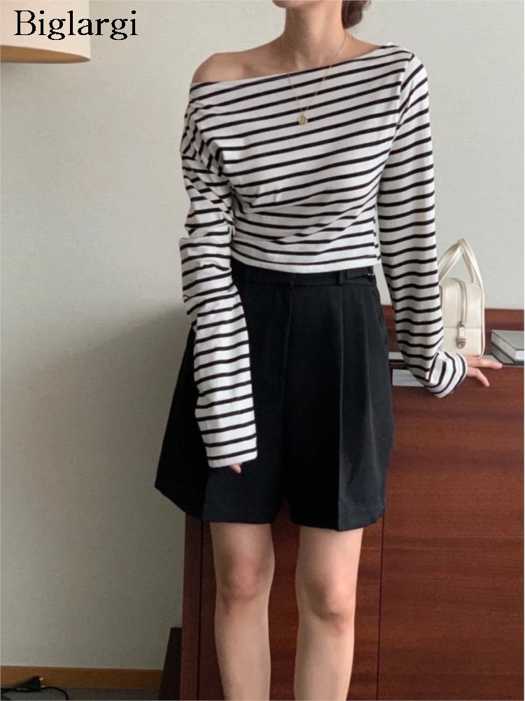 

Autumn Diagonal Collar T-Shirts Tops Women Striped Print Fashion Long Sleeve Ladies Blouses Casual Loose Korean Style Woman Tops