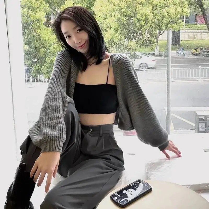 

Женские короткие свитера, кардиган, осенние новые однотонные вязаные укороченные топы с рукавами-фонариками, женская модная уличная одежда, шаль Y K, трикотаж