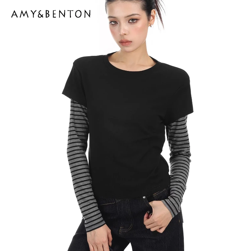 

Retro Fake Two-piece Design Splicing Striped Women's Long-sleeved T-shirt 2026 Spring Autumn New Versatile Bottoming Top Ladies