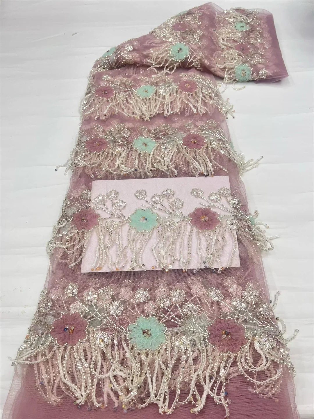 Nigerian 3D Tassel Beaded Lace Fabric Fashion African Lace Fabric Luxury French Sequins Tulle Lace For Women Wedding Dress
