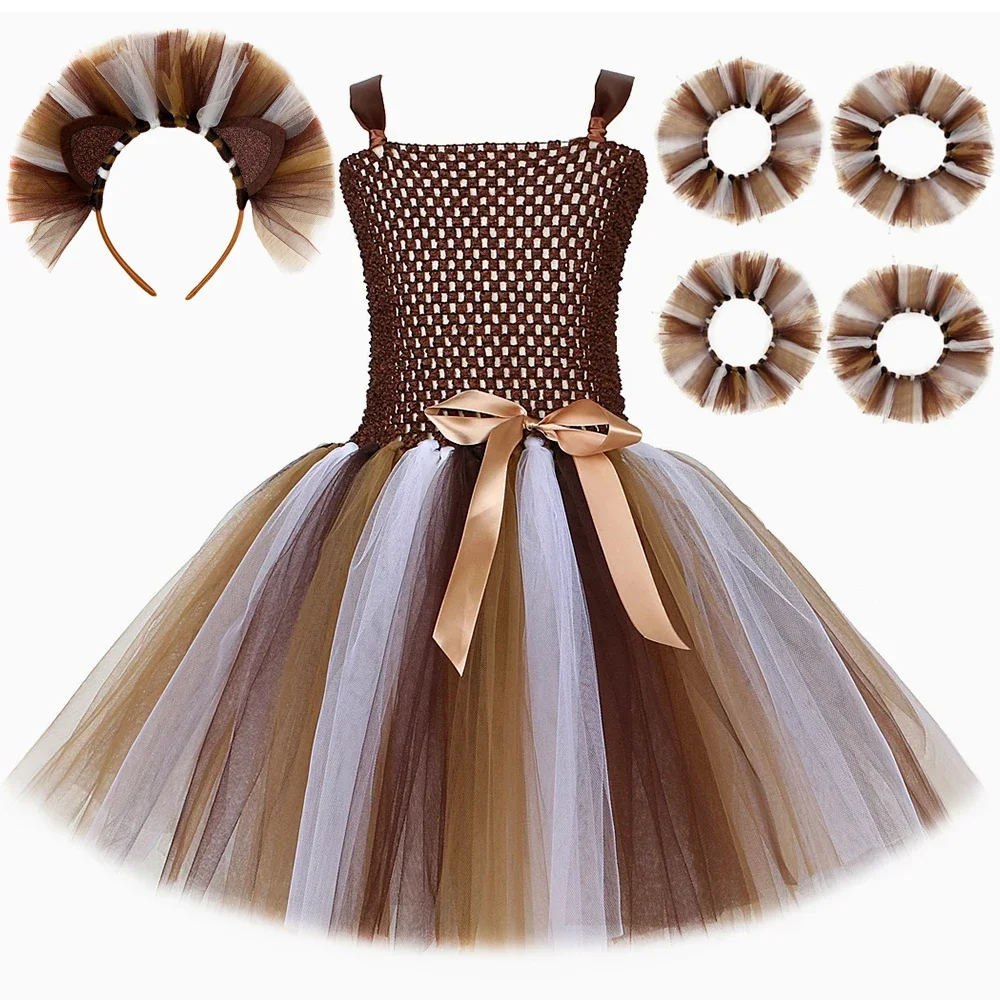 Girls Lion Costume Toddler Kids Halloween Party Dresses Wild King of The Jungle Mane Lion Tulle Tutu Dress Wrist Ankle Cuffs