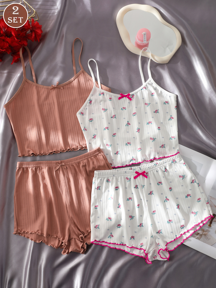  2 Sets Women's Ribbed Cami Pajama Set 2 Piece Bow Detail Sleepwear with Shorts Soft Loungewear for Summer Comfortable Nightgown 
