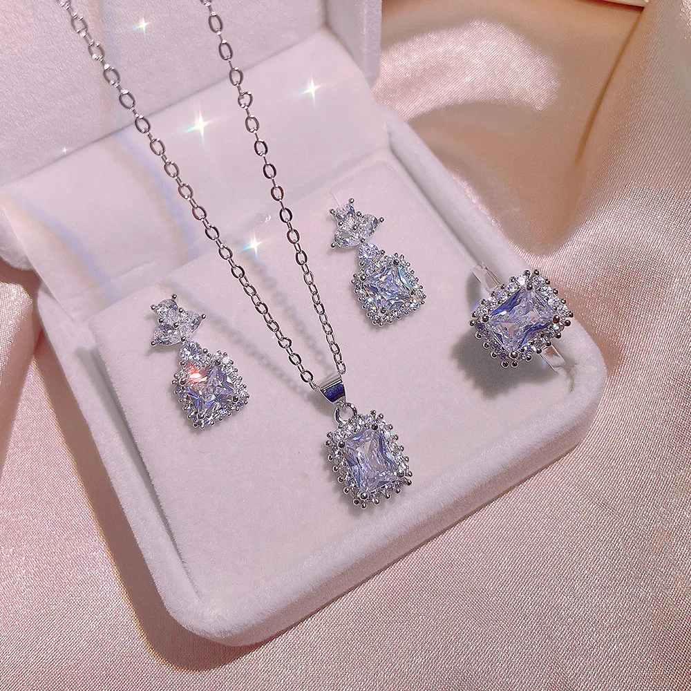Exquisite Brilliant Fashion Jewelry Sets Earrings for Women Ring Necklace Micro Inlaid AAAAA Zircon Square Gift