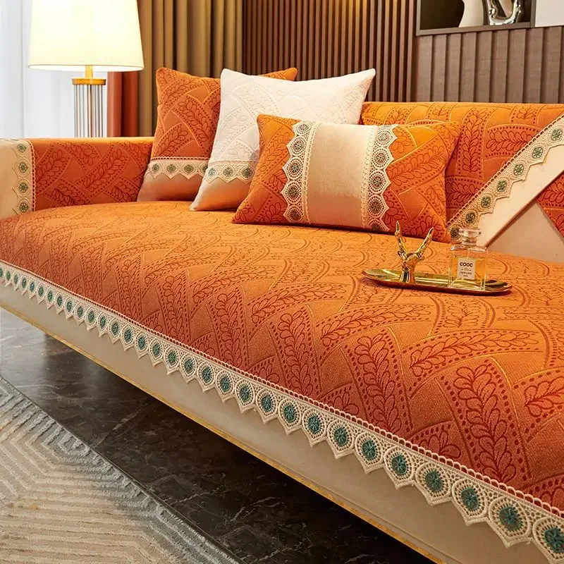 Soft Chenille Embroidery Four Season Universal Sofa Towel, L-shaped Sectional Anti-slip Sofa Cover for Living Room