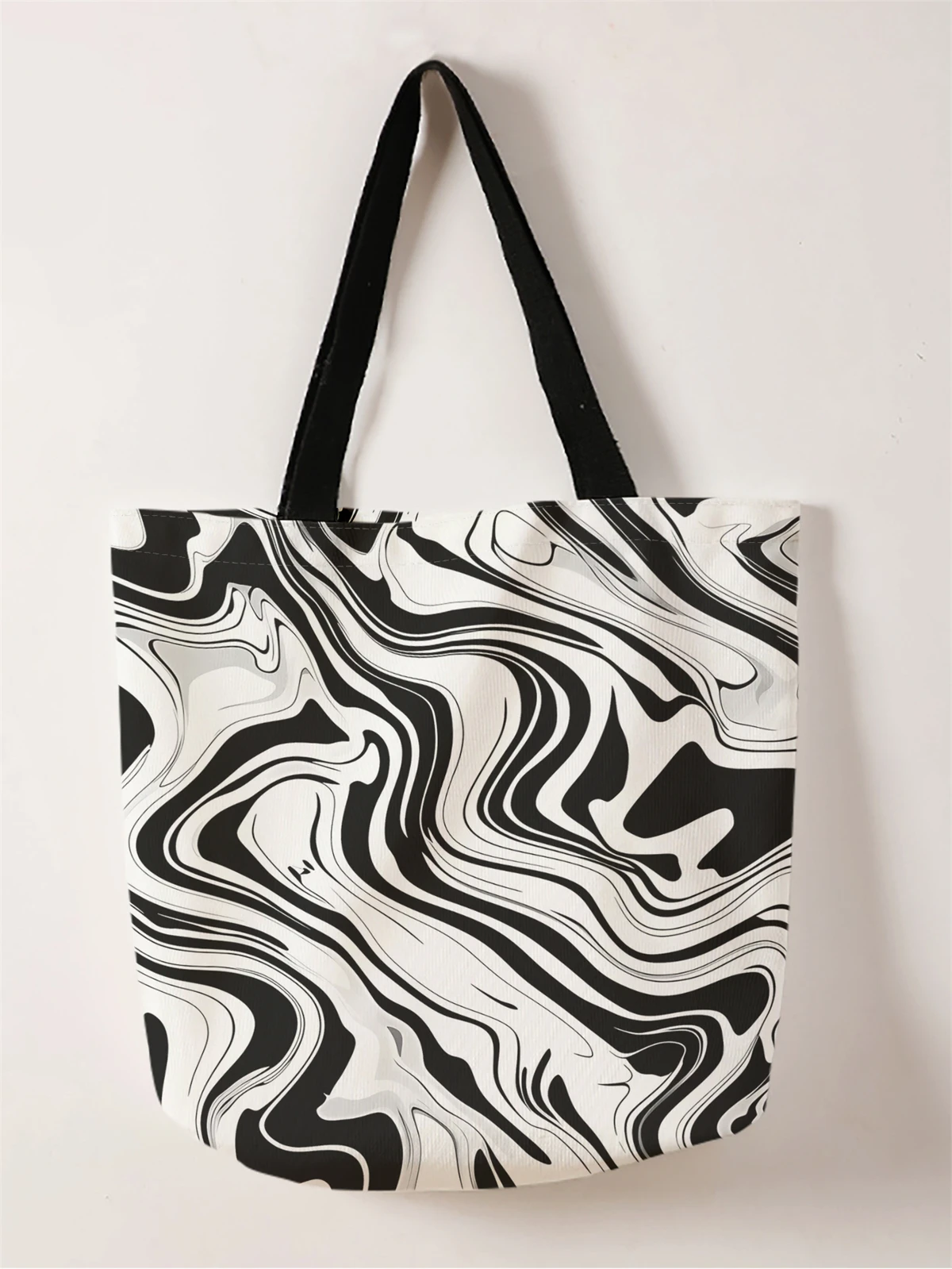 1 ชิ้น, กระเป๋าถือสีดําและสีขาว, กระเป๋าถือแฟชั่นแบบใช้ซ้ําได้, กระเป๋าถือมัลติฟังก์ชั่น, กระเป๋าช้อปปิ้งผ้าใบพิมพ์ลาย