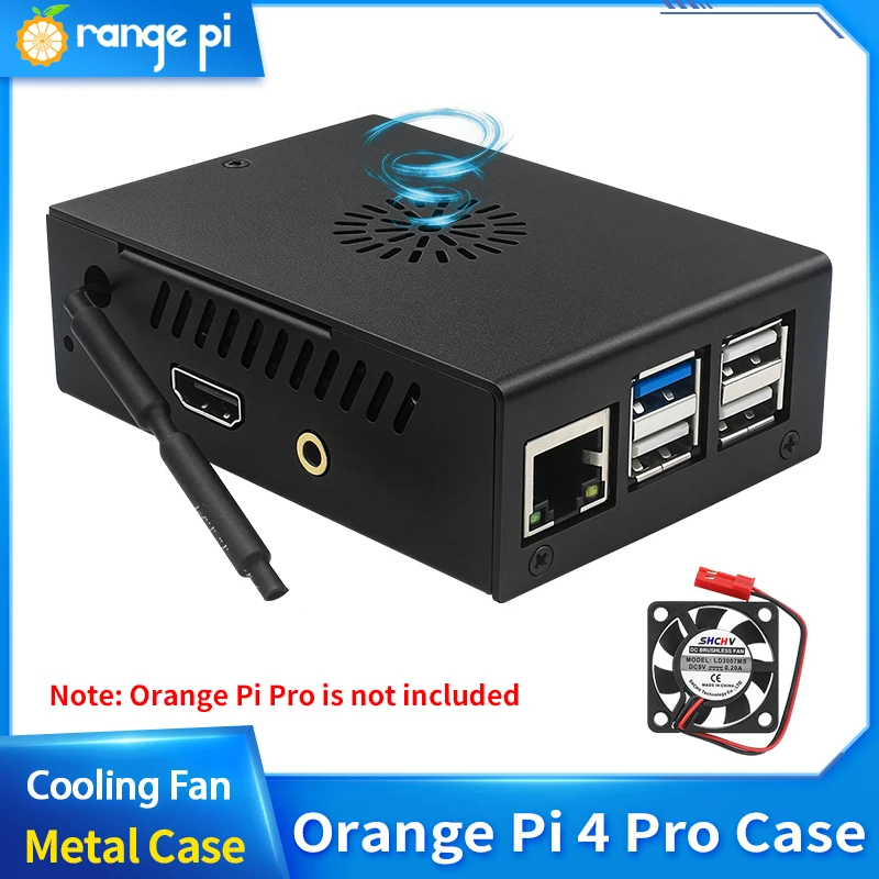 Boîtier métallique noir Orange Pi 4 Pro avec ventilateur de refroidissement pour ordinateur monocarte Orange Pi 4 Pro, antenne en option
