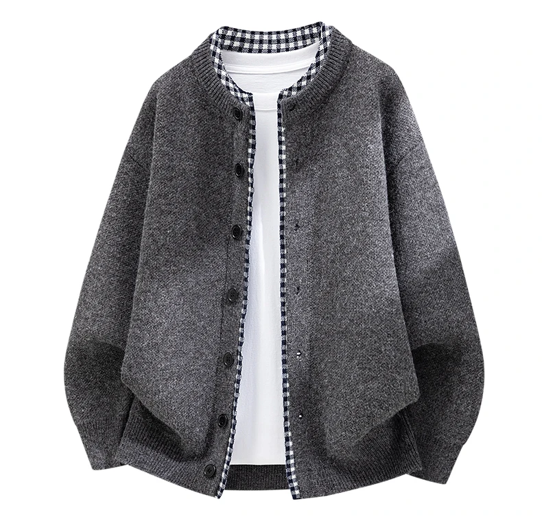 Luxuriöser Retro-Design Strick-Cardigan für Herren Neuer Hochwertiger Beliebter Karierter Patchwork-Pullover Jugendlicher Lässiger Dicker Warmer Mantel – Detail 26