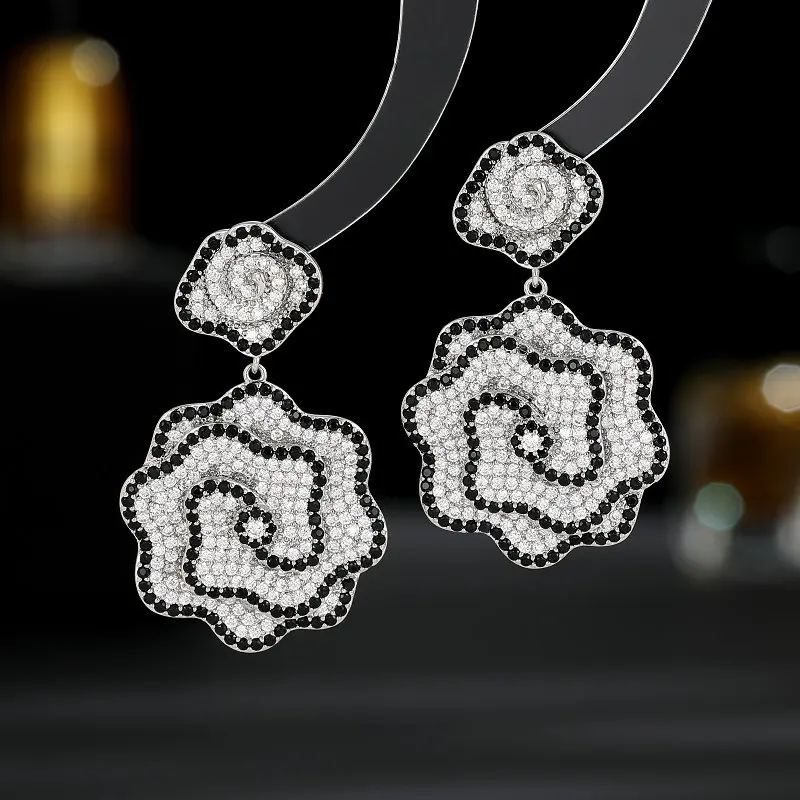 S925 Silver Needle Light Luxury High End Earrings Design Sensory Double Tone Zircon Inlaid High End Camellia Earrings