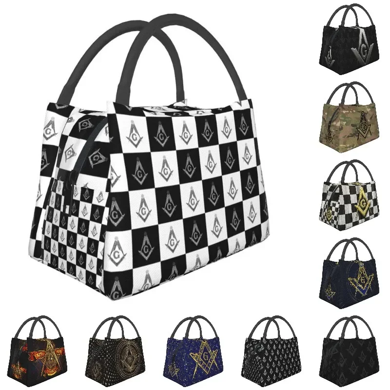 

Masonic Freemason Checkered Pattern Insulated Lunch Bags for Women Black and White Plaid Resuable Thermal Cooler Food Box