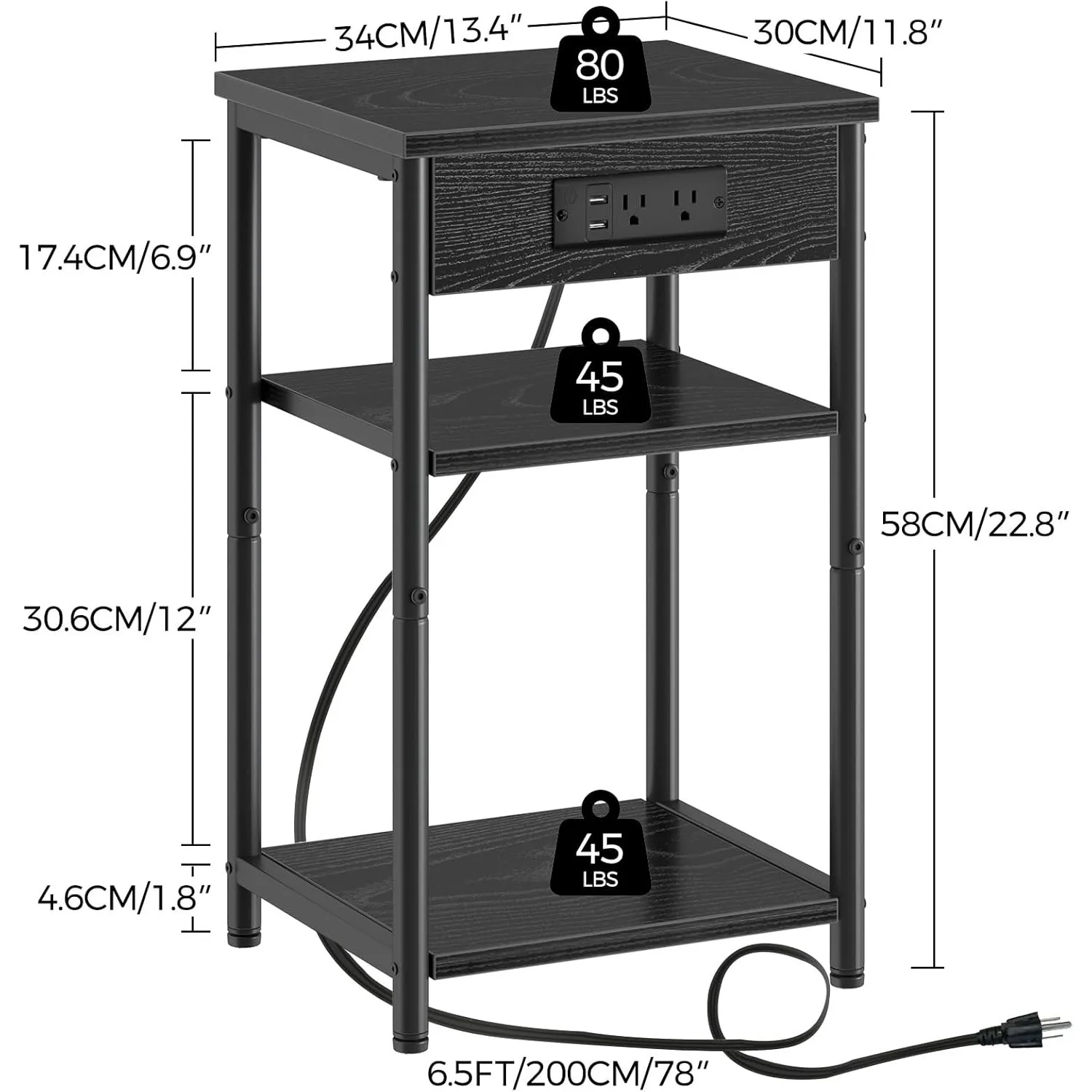 End Table with Charging Station, Night Stand with 3 Storage Shelves, Small Side Table for Small Space, Narrow Bedside Table