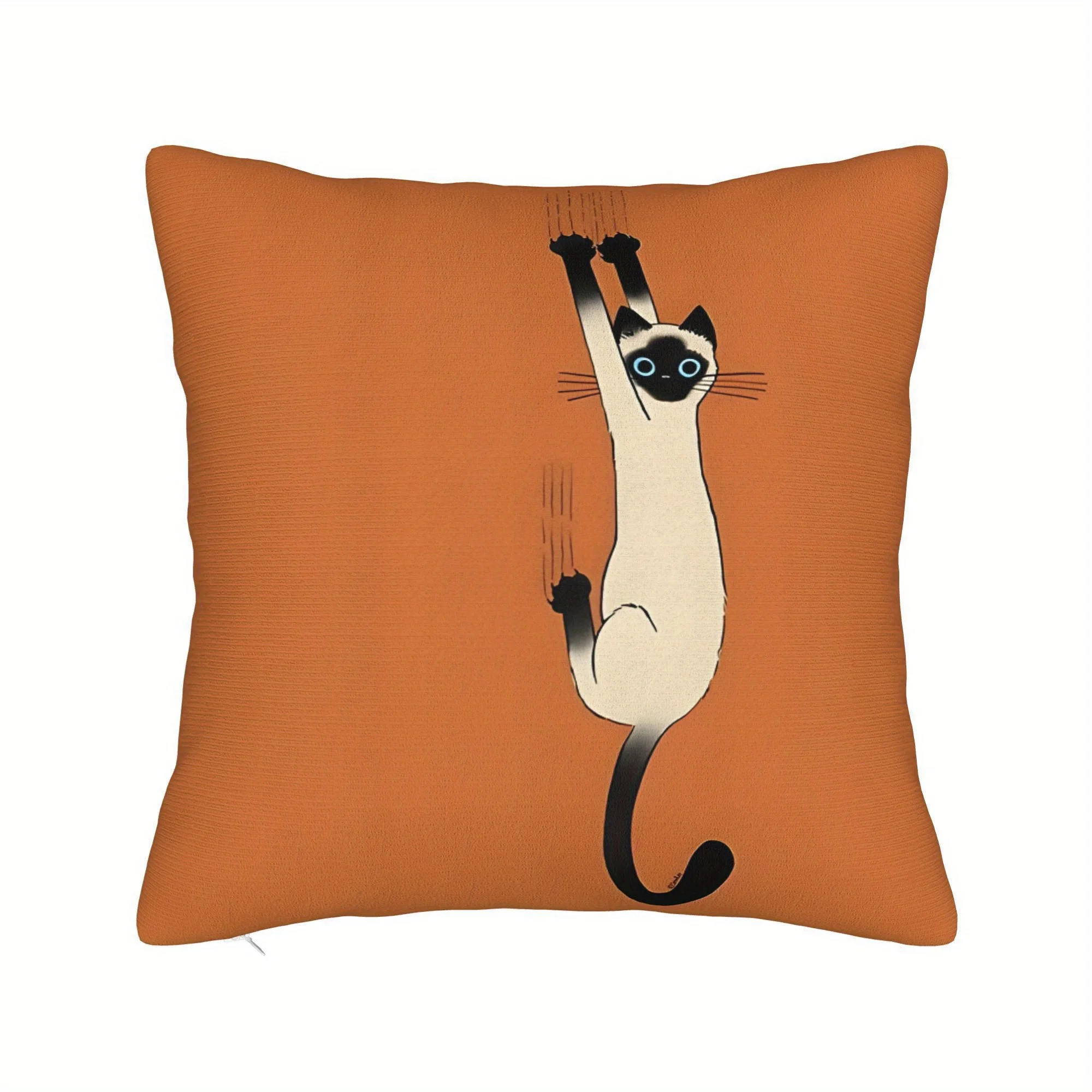 1pc Cat Illustration Pillow Cover Orange Background, Playful Climbing Feline, Polyester Zipper, Machine Washable, No Insert