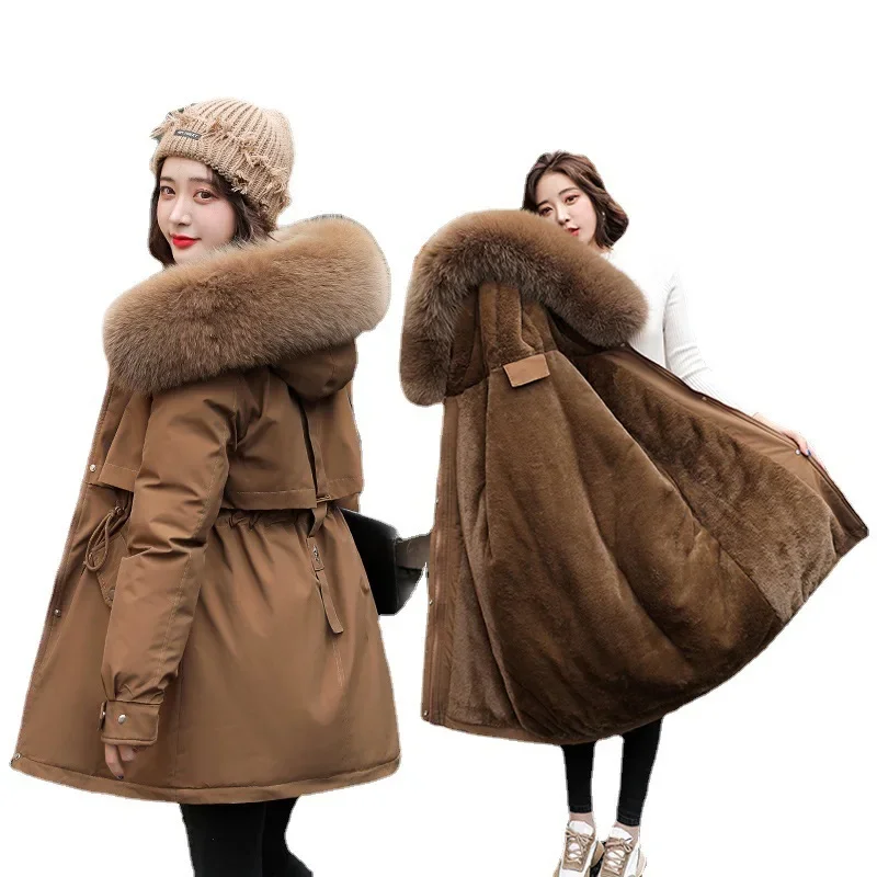 Women Parka Fashion Long Coat Winter Thick Warm Hooded Jacket Fur Collar Snow Wear Padded Wool Liner Casual Belt Slim Clothes