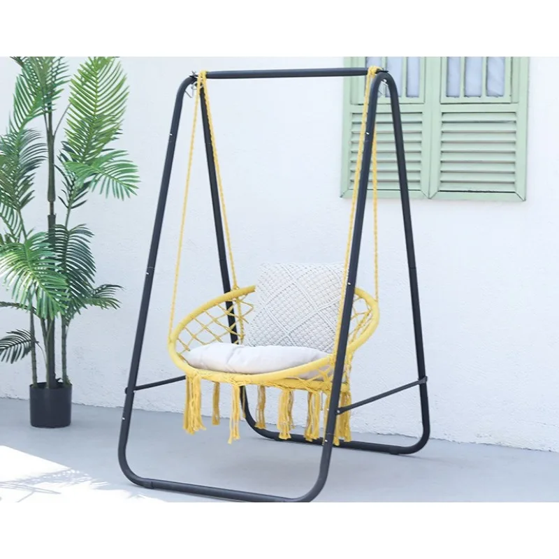 Boho Hand Woven Cotton Rope Swing Chair With Free Standing Black Metal A Frame Yellow Hammock Chair Set