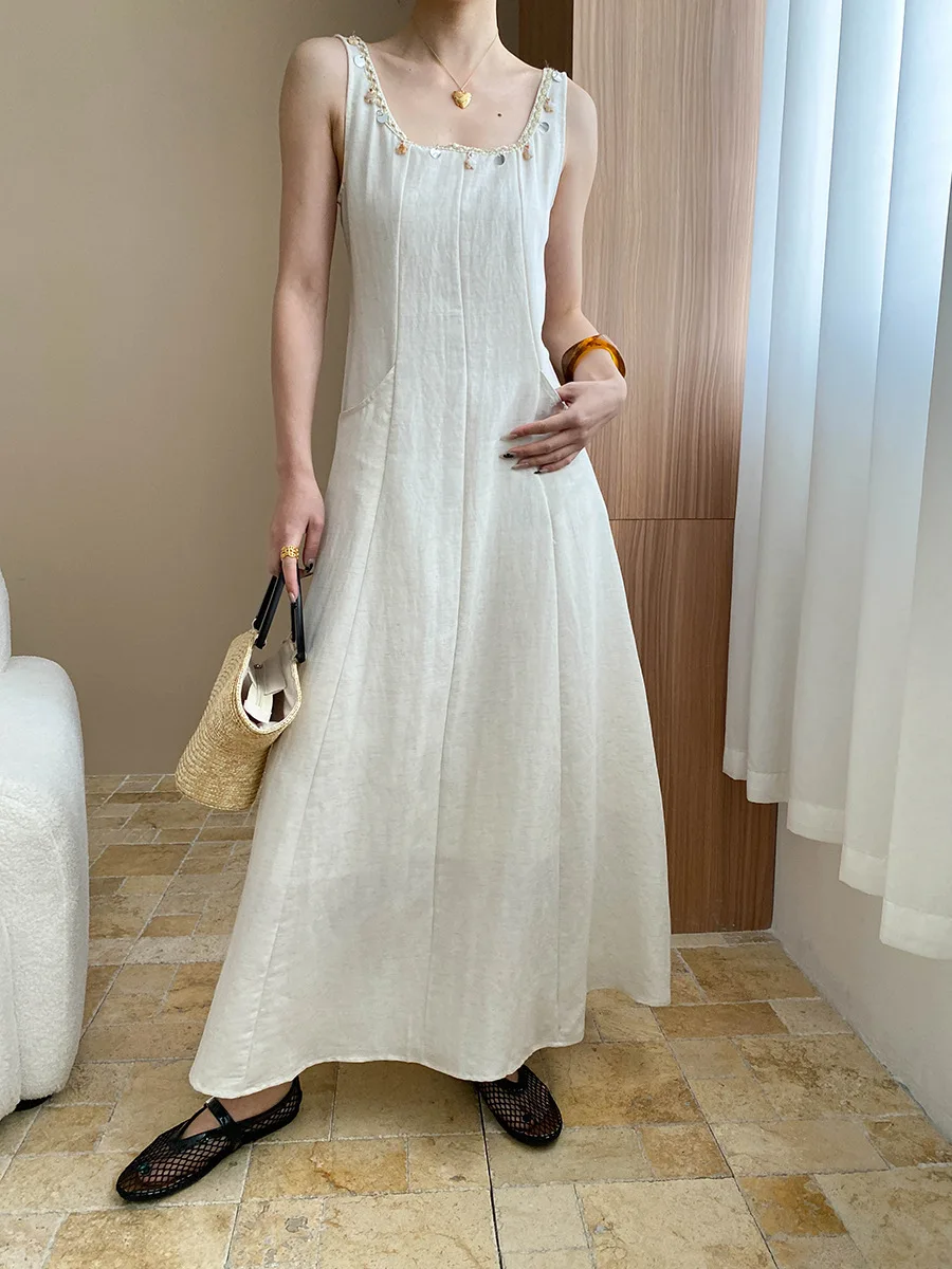 

Luxurious Design Sequined U-neck Sleeveless Vest Dress Women Cotton And Linen Waist Slim A-Line Long Dress Summer Vestidos 2025