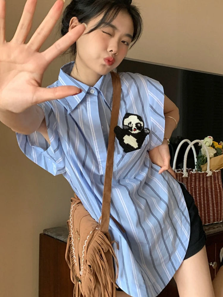 

Sleeveless Blouses Women Striped Panda Elegant Fashion Harajuku Korean Style All-match Chic Popular Summer Preppy Sweet Basic