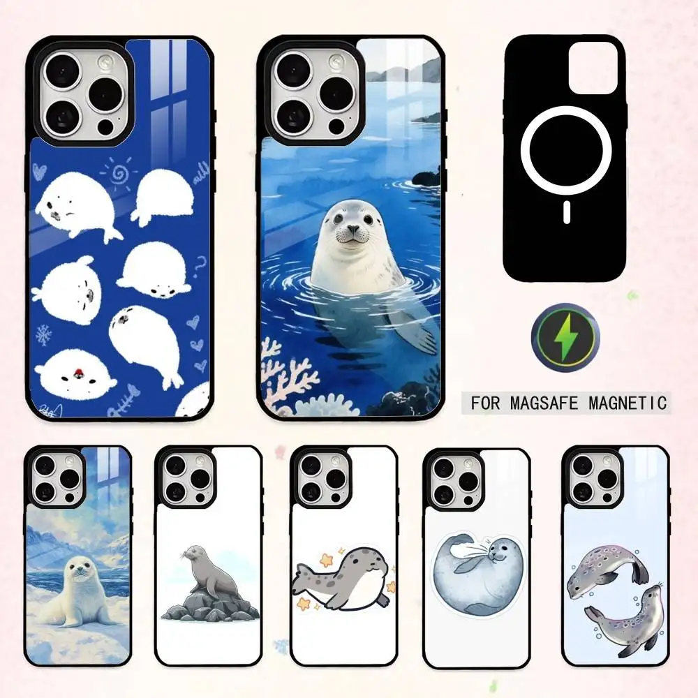 

Cute S-Seal Sea Phone Case For iPhone17,16,15,14,13,12,11 Plus,Pro Max Magnetic For Magsafe Wireless Charging