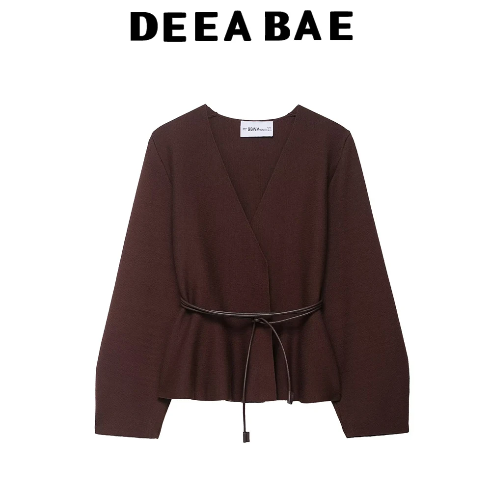 

DEEABAE Women's autumn new product temperament sweet cardigan with belt V-neck long sleeved knitted jacket