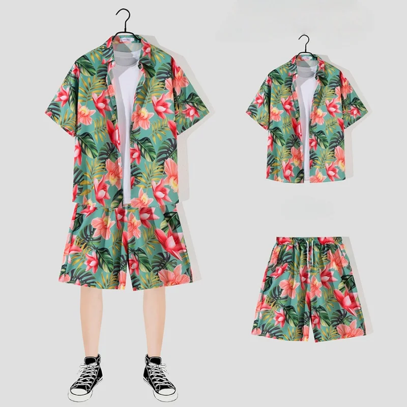 Summer Men's Seaside Vacation Travel Beach Suit Fashion Loose Casual Hawaiian Short Sleeve Floral Shirt Shorts Two Piece Set