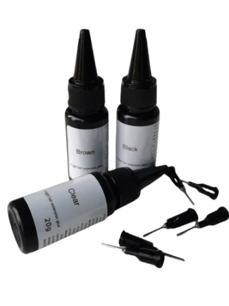 La fábrica proporciona adhesivo para peluca UV de 20 g, herramientas de peinado y accesorios en colores negro, transparente y marrón.