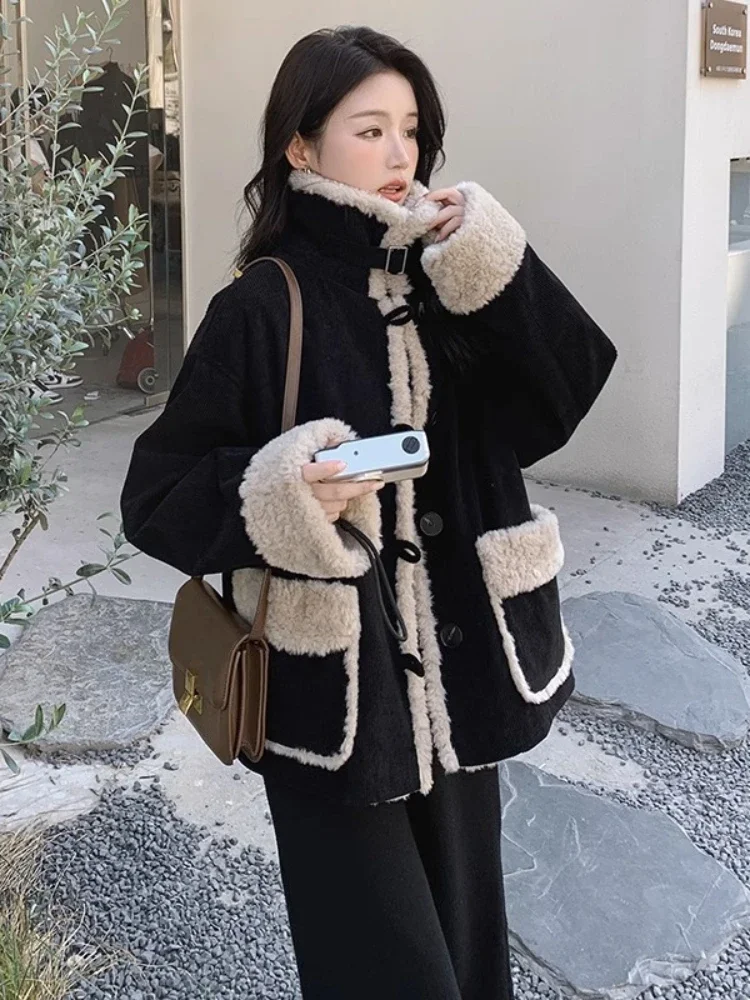 

Autumn Winter Women Warm Faux Fur Fleece Coat Jacket Ladies Lamb Wool Thickened Lapel Female Chic Outwear Corduroy Tops