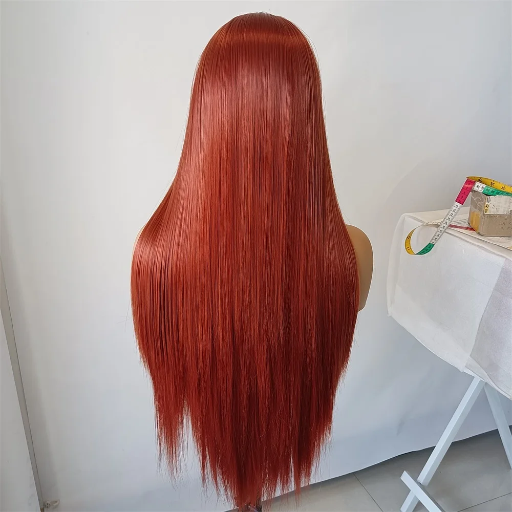 13X4 Copper Red Straight Lace Wig Synthetic Frontal Lace Wigs For Women Long Silk Straight Wig Red Hair Cosplay Daily Wear Life